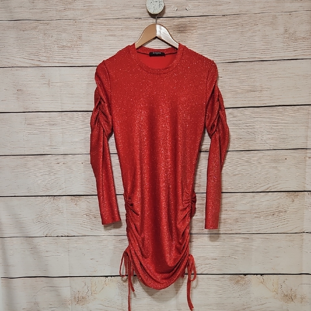 Chicme Chic Red Glitter Long Sleeve Ruched Sides Bodycon Dress Medium